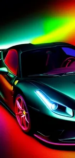 Sleek sports car with vibrant neon lights in a futuristic setting.