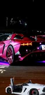 Vibrant pink sports car under city lights.