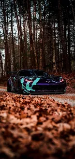 Vibrant sports car on a forest road with autumn leaves.