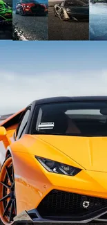 Vibrant orange sports car under blue sky.