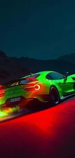 Neon green sports car driving at night with vibrant tail lights.