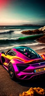 Vibrant sports car parked by ocean during sunset, vibrant colors and scenic background.