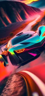 Vibrant sports car racing through a colorful sunset landscape.