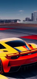 Sleek sports car racing on vibrant track with city skyline in the background.