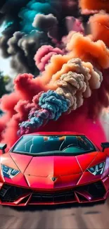 Red sports car with vibrant colored smoke art effect.