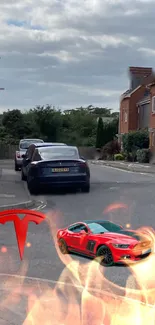 Red sports car and Tesla logo on a street with a fiery effect.