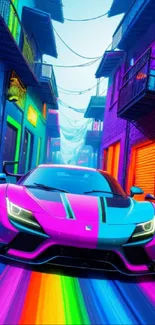 Vibrant sports car on a neon urban street wallpaper.