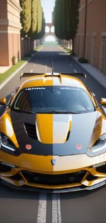 Yellow sports car on a cobblestone street with architectural backdrop.