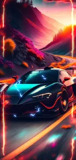 Vibrant sports car racing at sunset in a dynamic scenic wallpaper.