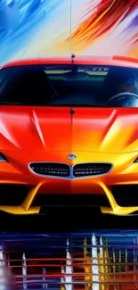 Striking orange-red sports car with dynamic colorful background.