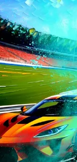 Vibrant sports car on a colorful race track background.