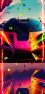 Colorful sports car with vibrant reflections and confetti effects.