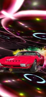 Retro red sports car with colorful neon background.