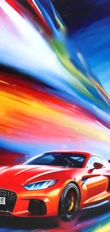 Red sports car with colorful, dynamic speed background.