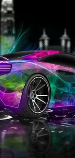 Vibrant sports car with neon glow and urban backdrop.