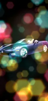 Convertible sports car with colorful bokeh lighting.