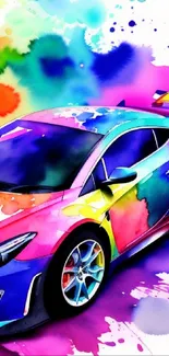 Vibrant sports car with multicolor splash in artistic style.