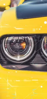 Close-up of a vibrant yellow sports car headlight design.