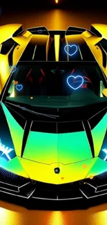 Vibrant sports car with neon highlights and heart accents.