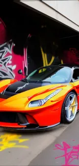 Vibrant orange sports car with graffiti art background.