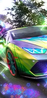 Vibrant sports car with colorful exterior and LED headlights.