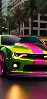 Vibrant green and pink sports car in urban setting wallpaper.