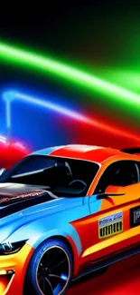 Vibrant sports car with neon lights in a colorful design.