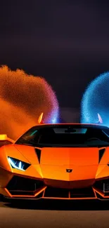 Vibrant sports car with dynamic lights and vibrant orange color on a dark road.