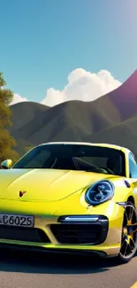 Yellow sports car on mountain road with scenic view.