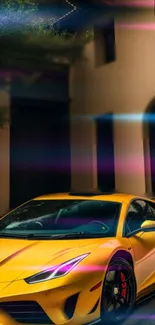 Yellow sports car with vibrant light streaks.