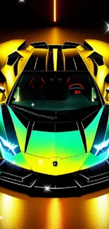 Vibrant sports car with neon lights and sleek design, showcasing striking colors.