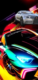 Vibrant sports car with neon colors on a black background.