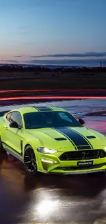 Neon green sports car on wet pavement against twilight sky.