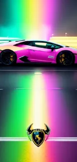 Pink sports car with rainbow neon background.