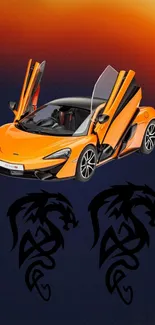 Orange sports car with dragon decals on a gradient background.