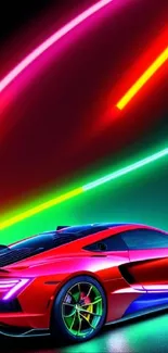 Vibrant sports car with neon lights in a colorful wallpaper design.