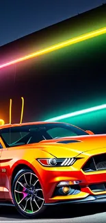 Orange sports car with neon lights in vibrant wallpaper.