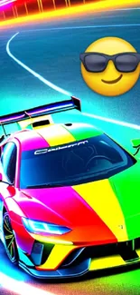 Vibrant sports car with neon rainbow and emoji on a dynamic road track.