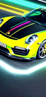 Lime green sports car with neon lights on a dynamic road.