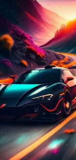 Vibrant sports car on a colorful winding road in a stunning sunset.