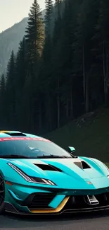 Turquoise sports car on a scenic forest road.