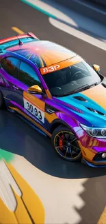 Vibrant sports car racing on track with colorful design.