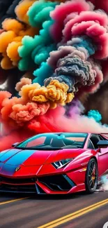 Vibrant sports car with colorful smoke on the road.