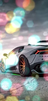 Sleek sports car with colorful bokeh lights and a modern design.