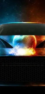 Vibrant sports car with blue and orange flames in a striking wallpaper design.