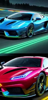 Vibrant sports cars racing under neon lights at night.