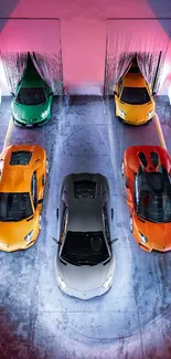 Vibrant sports cars arranged in a sleek garage setting with colorful lighting.