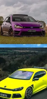 Vibrant wallpaper featuring purple and yellow sports cars.