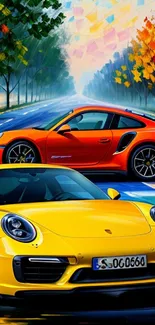 Vibrant autumn scene with bright sports cars.