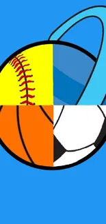 Vibrant sports balls collage on blue background wallpaper.